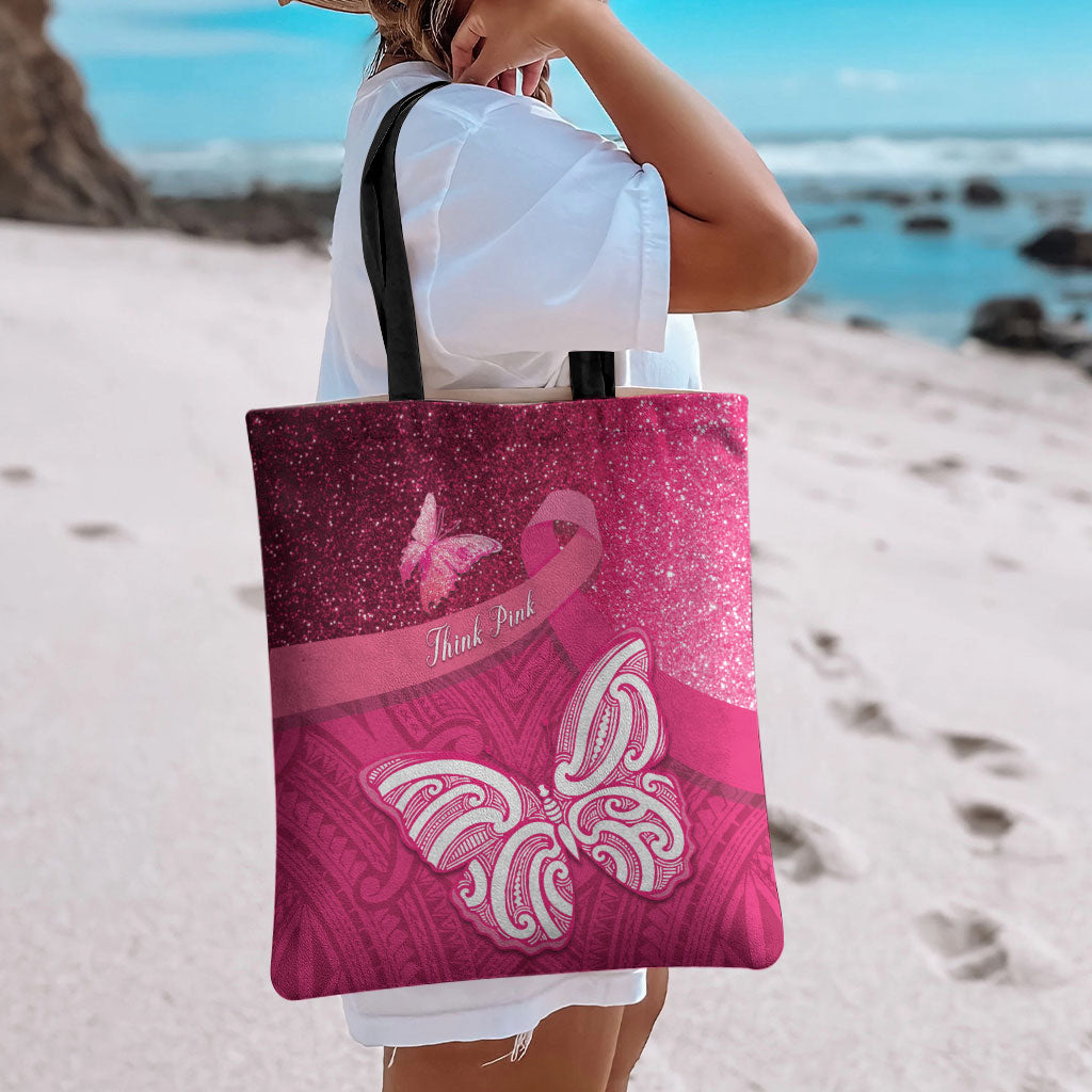 New Zealand Breast Cancer Awareness Tote Bag Pink Ribbon Butterfly Maori Pattern LT22 - Polynesian Pride
