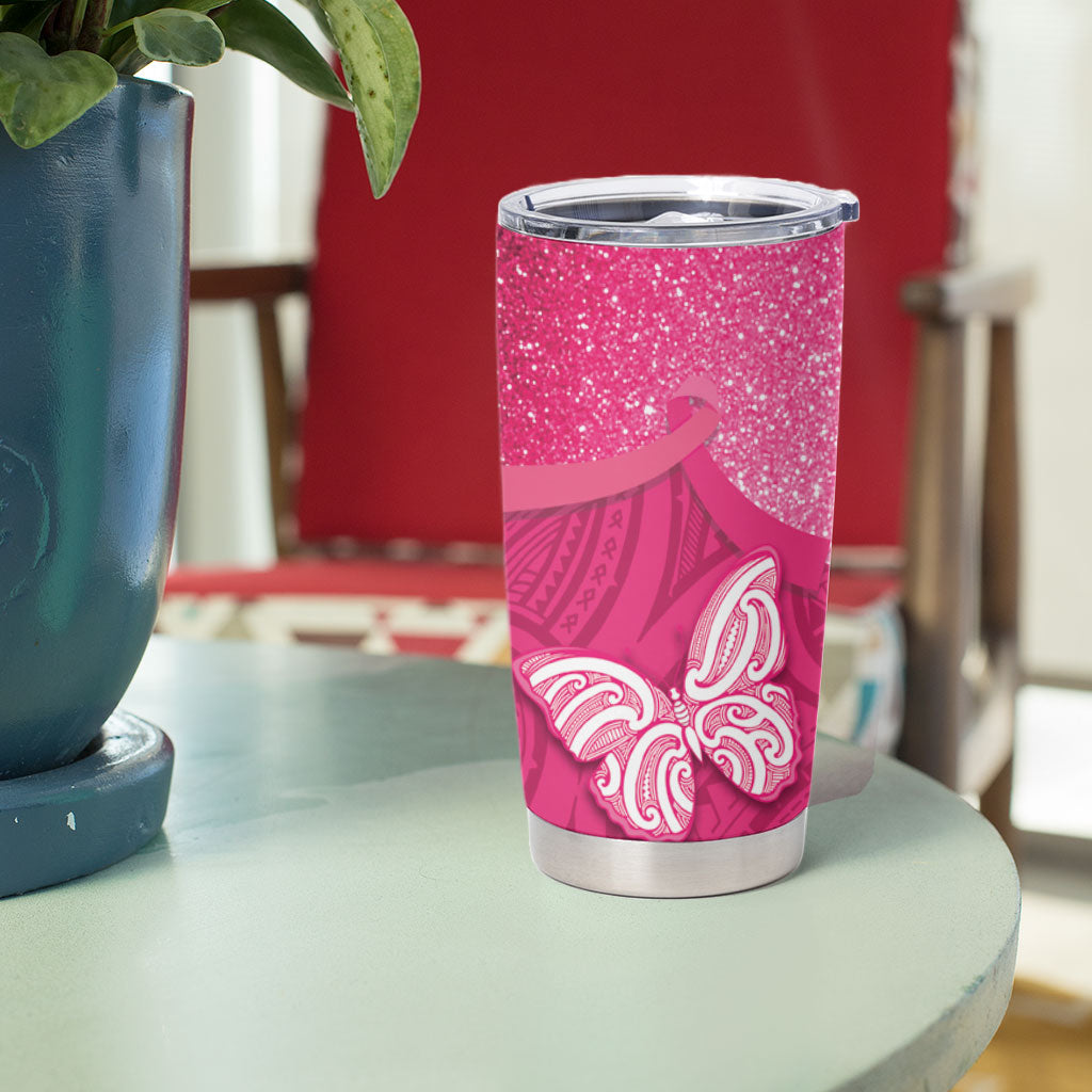 New Zealand Breast Cancer Awareness Tumbler Cup Pink Ribbon Butterfly Maori Pattern LT22 - Polynesian Pride