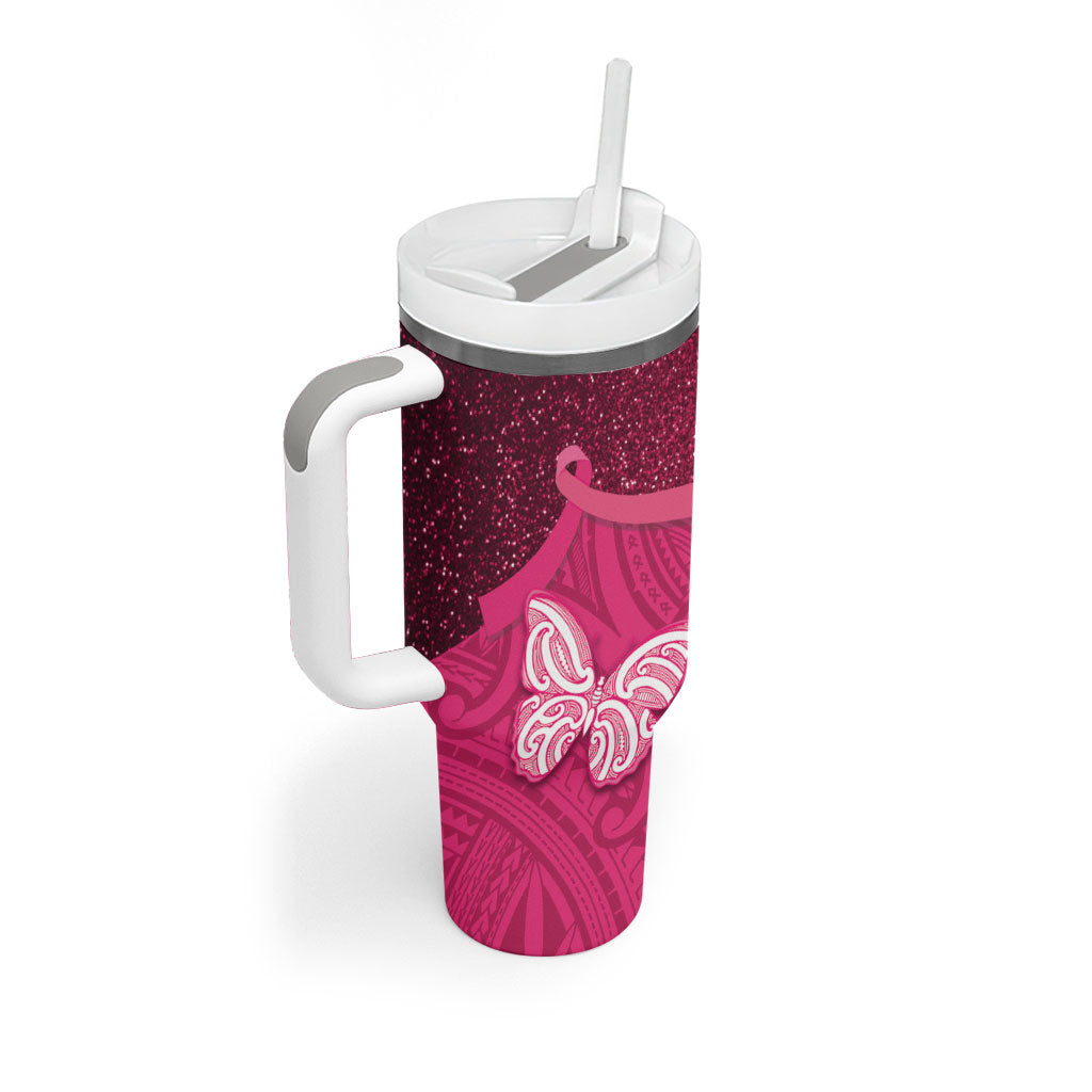 New Zealand Breast Cancer Awareness Tumbler With Handle Pink Ribbon Butterfly Maori Pattern LT22 - Polynesian Pride