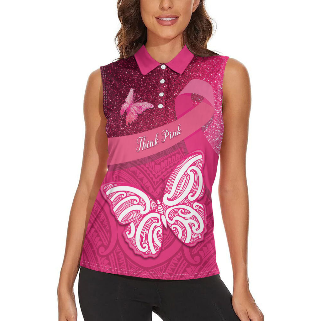 New Zealand Breast Cancer Awareness Women Sleeveless Polo Shirt Pink Ribbon Butterfly Maori Pattern LT22 - Polynesian Pride