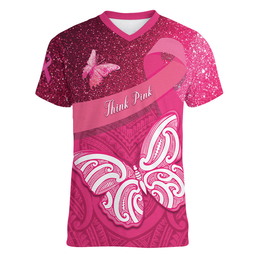 New Zealand Breast Cancer Awareness Women V-Neck T-Shirt Pink Ribbon Butterfly Maori Pattern LT22 Female Pink - Polynesian Pride