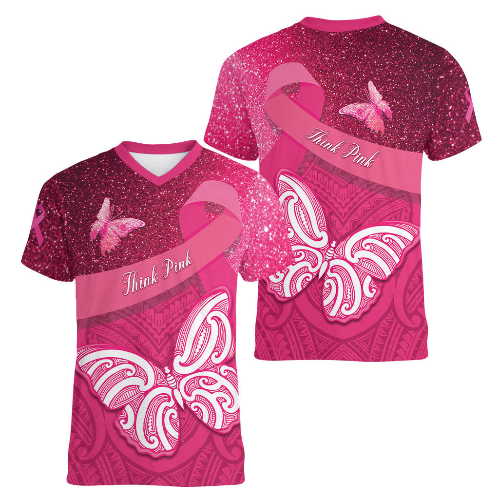 New Zealand Breast Cancer Awareness Women V-Neck T-Shirt Pink Ribbon Butterfly Maori Pattern LT22 - Polynesian Pride