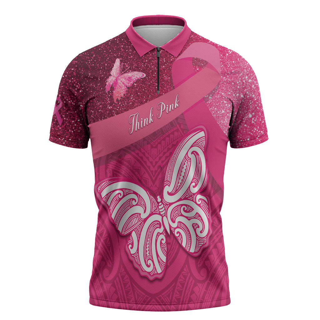 New Zealand Breast Cancer Awareness Zipper Polo Shirt Pink Ribbon Butterfly Maori Pattern LT22 Pink - Polynesian Pride