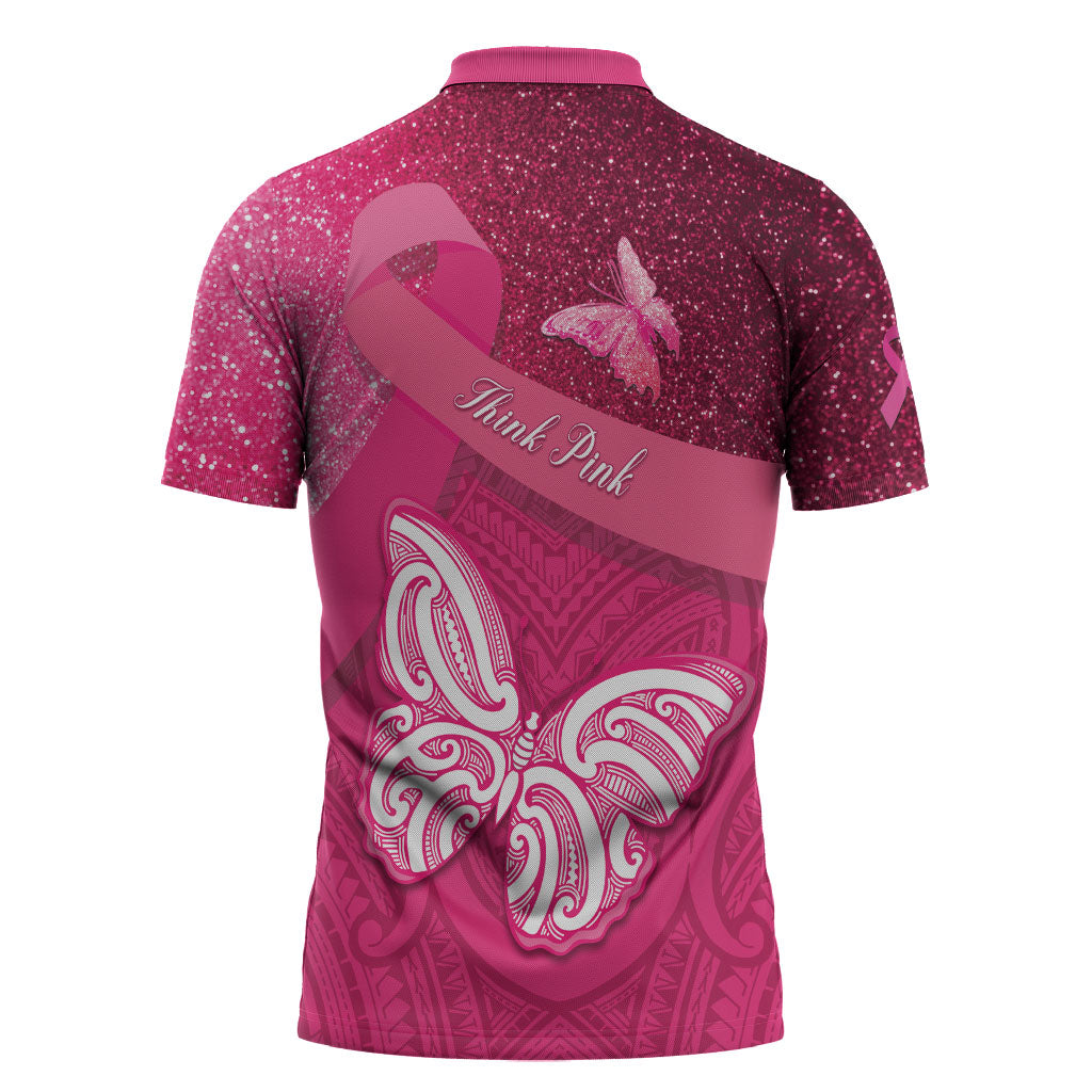 New Zealand Breast Cancer Awareness Zipper Polo Shirt Pink Ribbon Butterfly Maori Pattern LT22 - Polynesian Pride