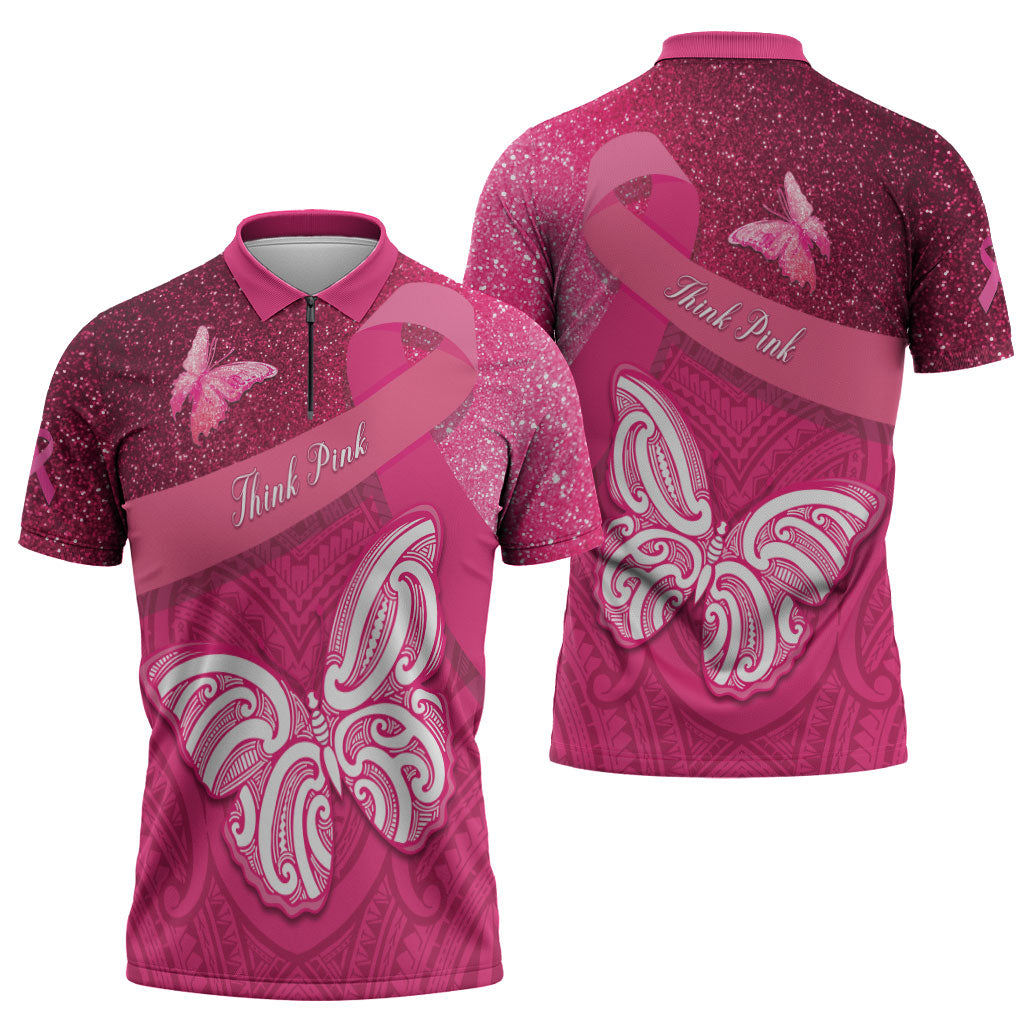 New Zealand Breast Cancer Awareness Zipper Polo Shirt Pink Ribbon Butterfly Maori Pattern LT22 - Polynesian Pride
