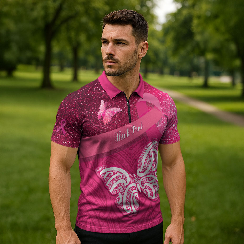New Zealand Breast Cancer Awareness Zipper Polo Shirt Pink Ribbon Butterfly Maori Pattern LT22 - Polynesian Pride