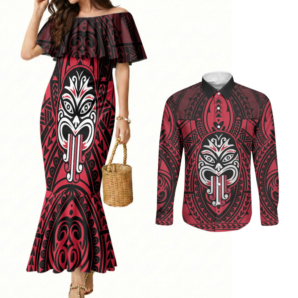 New Zealand Maori Language Week Couples Matching Mermaid Dress and Long Sleeve Button Shirt Te Wiki O Te Reo Maori Hei Tiki LT22 Red - Polynesian Pride