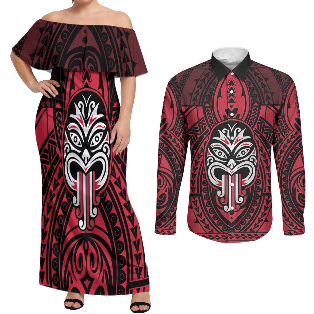 New Zealand Maori Language Week Couples Matching Off Shoulder Maxi Dress and Long Sleeve Button Shirt Te Wiki O Te Reo Maori Hei Tiki LT22 Red - Polynesian Pride
