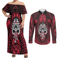 New Zealand Maori Language Week Couples Matching Off Shoulder Maxi Dress and Long Sleeve Button Shirt Te Wiki O Te Reo Maori Hei Tiki LT22 Red - Polynesian Pride