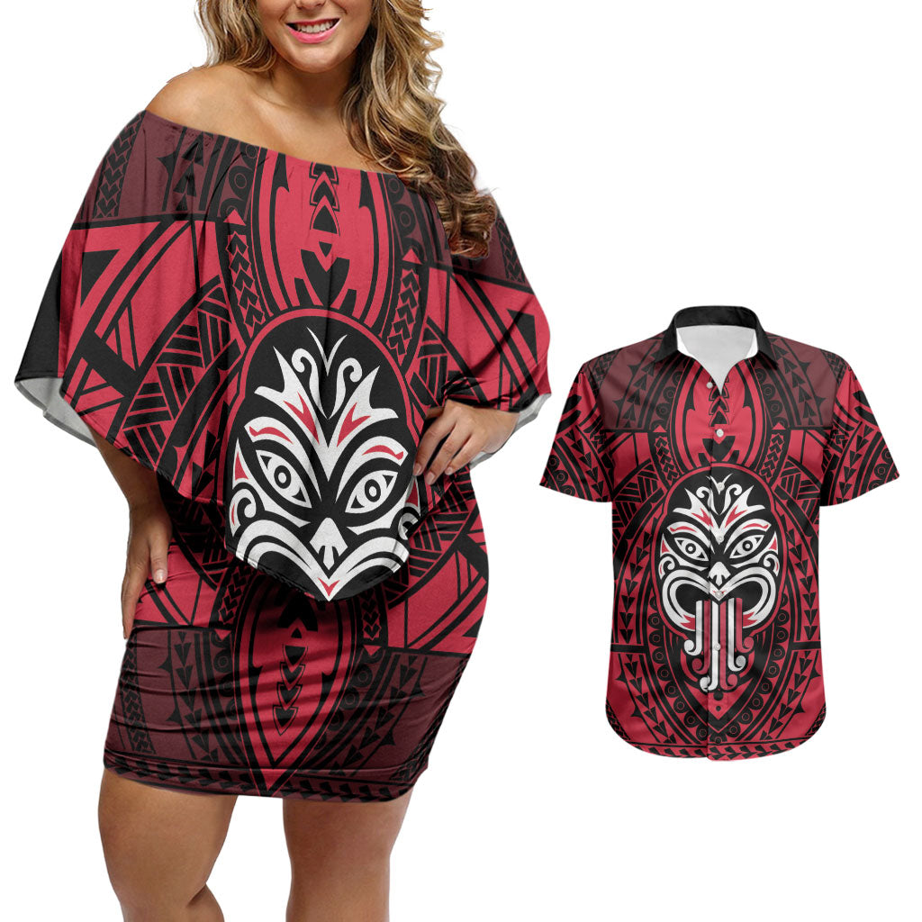 New Zealand Maori Language Week Couples Matching Off Shoulder Short Dress and Hawaiian Shirt Te Wiki O Te Reo Maori Hei Tiki LT22 Red - Polynesian Pride