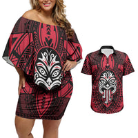 New Zealand Maori Language Week Couples Matching Off Shoulder Short Dress and Hawaiian Shirt Te Wiki O Te Reo Maori Hei Tiki LT22 Red - Polynesian Pride