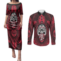 New Zealand Maori Language Week Couples Matching Puletasi and Long Sleeve Button Shirt Te Wiki O Te Reo Maori Hei Tiki LT22 Red - Polynesian Pride