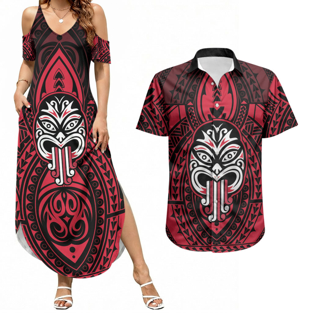 New Zealand Maori Language Week Couples Matching Summer Maxi Dress and Hawaiian Shirt Te Wiki O Te Reo Maori Hei Tiki LT22 Red - Polynesian Pride