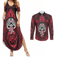 New Zealand Maori Language Week Couples Matching Summer Maxi Dress and Long Sleeve Button Shirt Te Wiki O Te Reo Maori Hei Tiki LT22 Red - Polynesian Pride