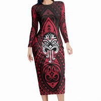 New Zealand Maori Language Week Long Sleeve Bodycon Dress Te Wiki O Te Reo Maori Hei Tiki LT22 Long Dress Red - Polynesian Pride