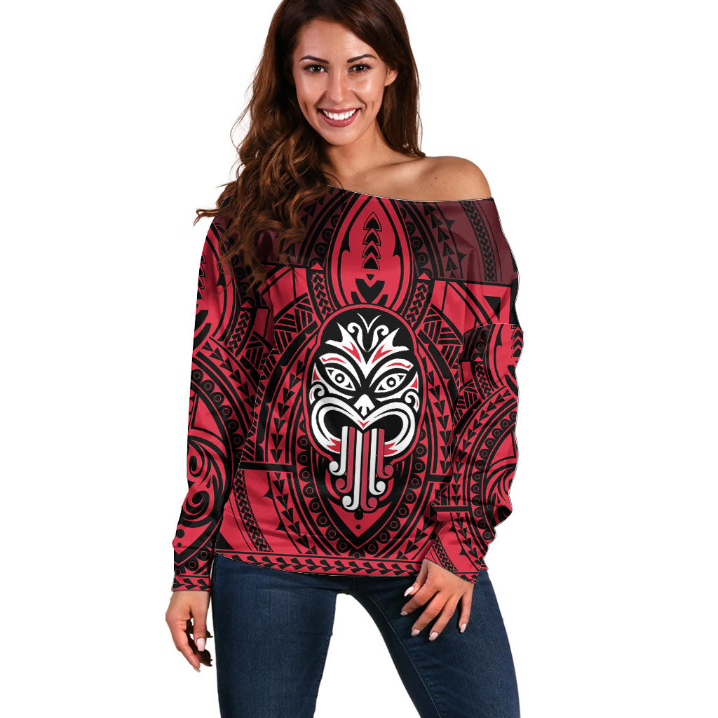 New Zealand Maori Language Week Off Shoulder Sweater Te Wiki O Te Reo Maori Hei Tiki LT22 Women Red - Polynesian Pride