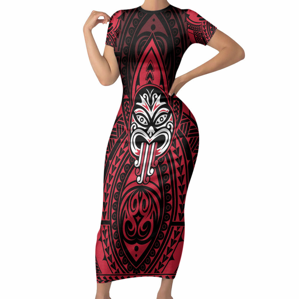 New Zealand Maori Language Week Short Sleeve Bodycon Dress Te Wiki O Te Reo Maori Hei Tiki LT22 Long Dress Red - Polynesian Pride