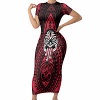 New Zealand Maori Language Week Short Sleeve Bodycon Dress Te Wiki O Te Reo Maori Hei Tiki LT22 Long Dress Red - Polynesian Pride