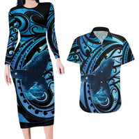 New Zealand Matariki Couples Matching Long Sleeve Bodycon Dress and Hawaiian Shirt Maori Humpback Whale Galaxy LT22 Blue - Polynesian Pride