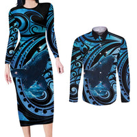 New Zealand Matariki Couples Matching Long Sleeve Bodycon Dress and Long Sleeve Button Shirt Maori Humpback Whale Galaxy LT22 Blue - Polynesian Pride