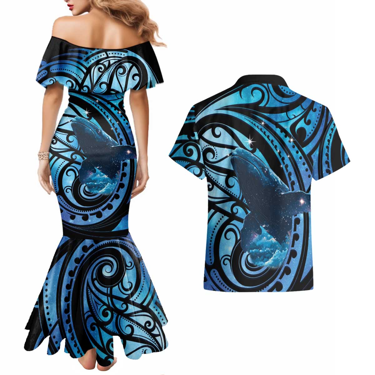 New Zealand Matariki Couples Matching Mermaid Dress and Hawaiian Shirt Maori Humpback Whale Galaxy LT22 - Polynesian Pride