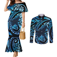 New Zealand Matariki Couples Matching Mermaid Dress and Long Sleeve Button Shirt Maori Humpback Whale Galaxy LT22 Blue - Polynesian Pride