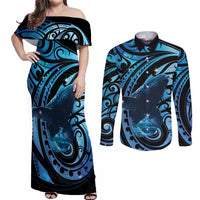New Zealand Matariki Couples Matching Off Shoulder Maxi Dress and Long Sleeve Button Shirt Maori Humpback Whale Galaxy LT22 Blue - Polynesian Pride