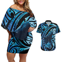 New Zealand Matariki Couples Matching Off Shoulder Short Dress and Hawaiian Shirt Maori Humpback Whale Galaxy LT22 Blue - Polynesian Pride
