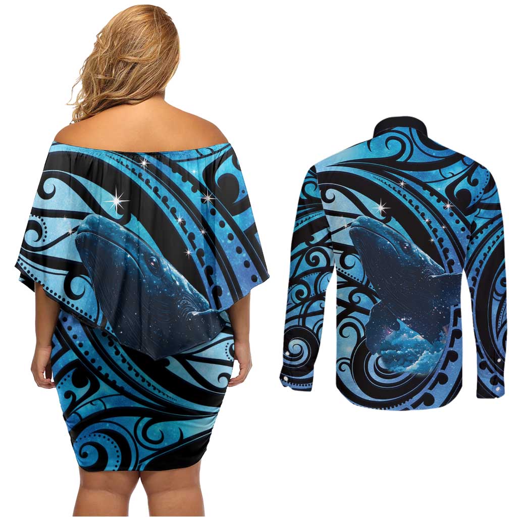 New Zealand Matariki Couples Matching Off Shoulder Short Dress and Long Sleeve Button Shirt Maori Humpback Whale Galaxy LT22 - Polynesian Pride