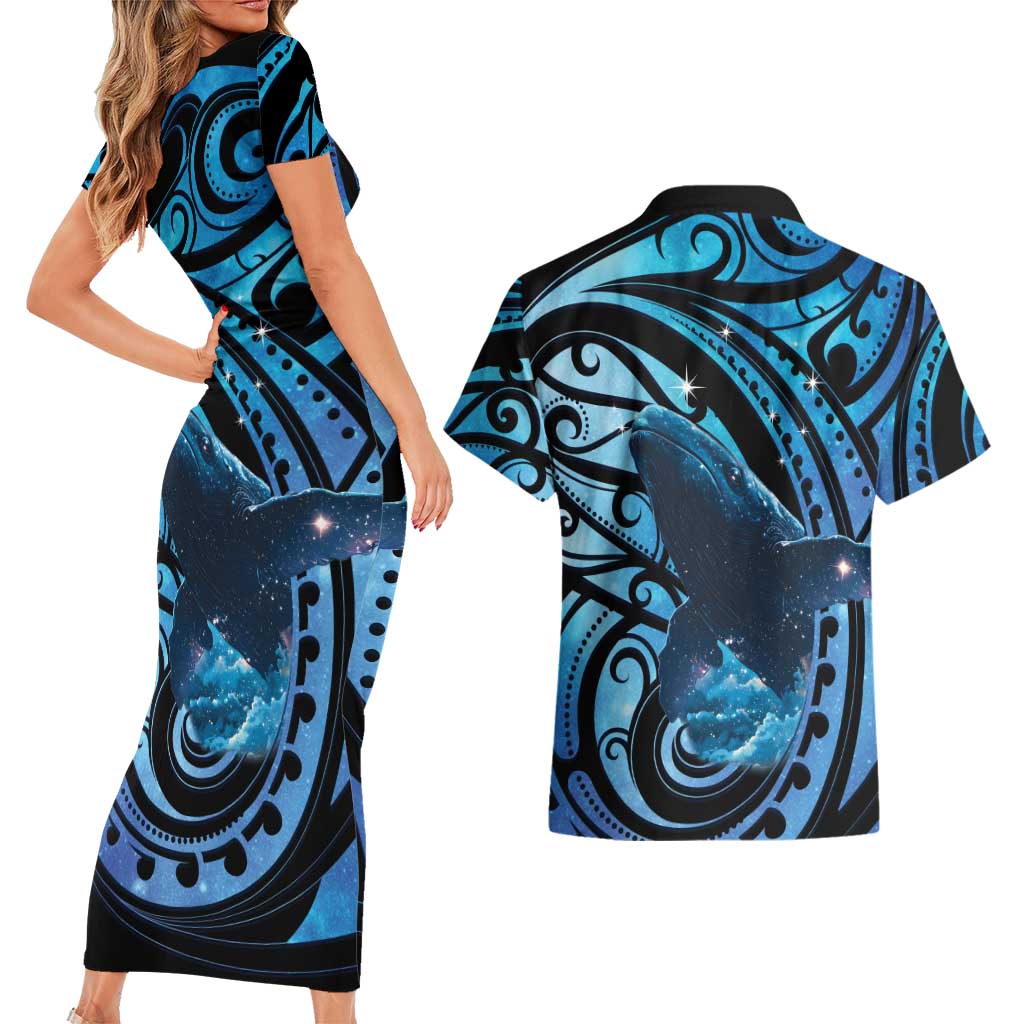 New Zealand Matariki Couples Matching Short Sleeve Bodycon Dress and Hawaiian Shirt Maori Humpback Whale Galaxy LT22 - Polynesian Pride