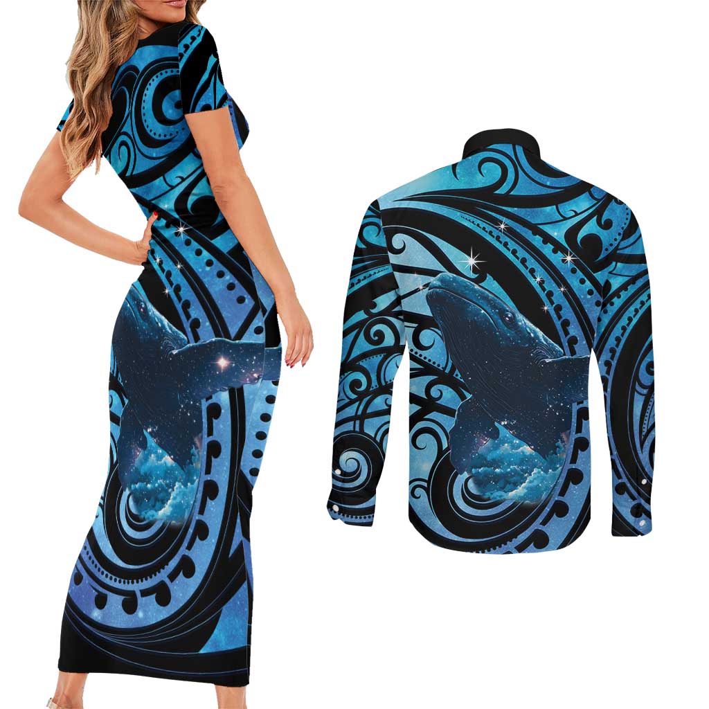 New Zealand Matariki Couples Matching Short Sleeve Bodycon Dress and Long Sleeve Button Shirt Maori Humpback Whale Galaxy LT22 - Polynesian Pride