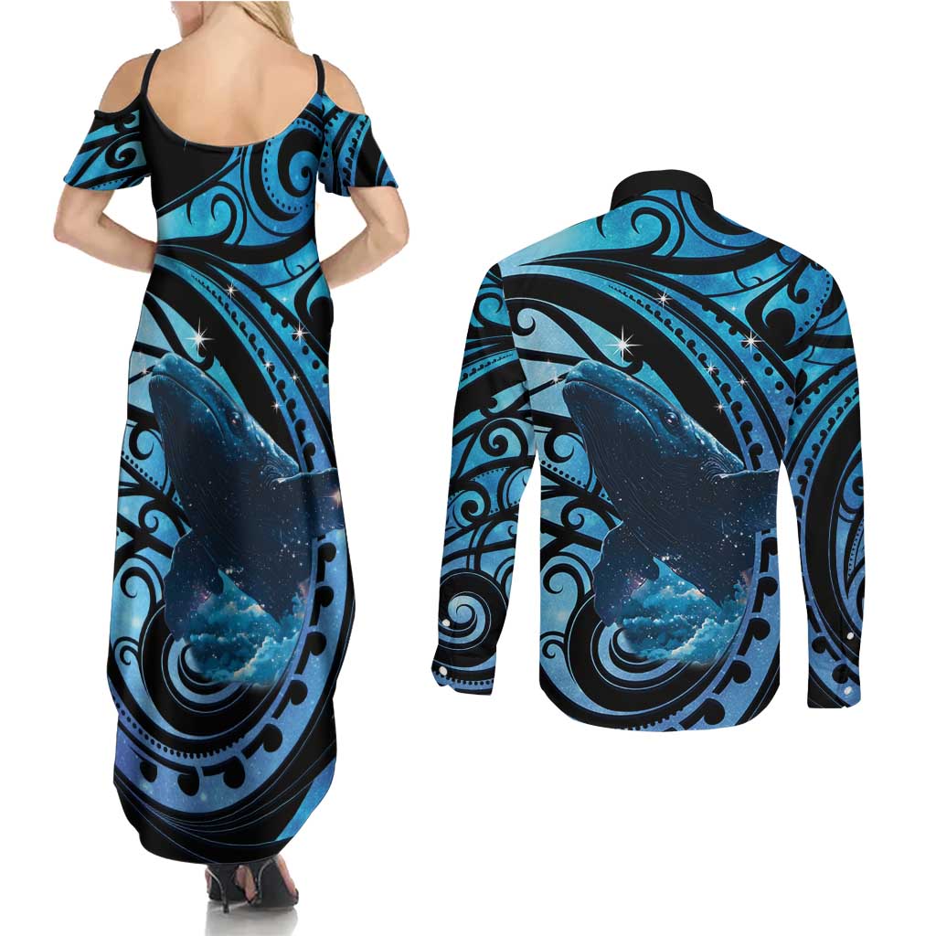 New Zealand Matariki Couples Matching Summer Maxi Dress and Long Sleeve Button Shirt Maori Humpback Whale Galaxy LT22 - Polynesian Pride