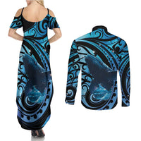 New Zealand Matariki Couples Matching Summer Maxi Dress and Long Sleeve Button Shirt Maori Humpback Whale Galaxy LT22 - Polynesian Pride