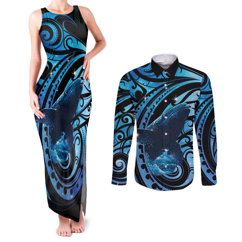 New Zealand Matariki Couples Matching Tank Maxi Dress and Long Sleeve Button Shirt Maori Humpback Whale Galaxy