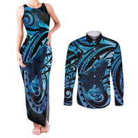 New Zealand Matariki Couples Matching Tank Maxi Dress and Long Sleeve Button Shirt Maori Humpback Whale Galaxy LT22 Blue - Polynesian Pride