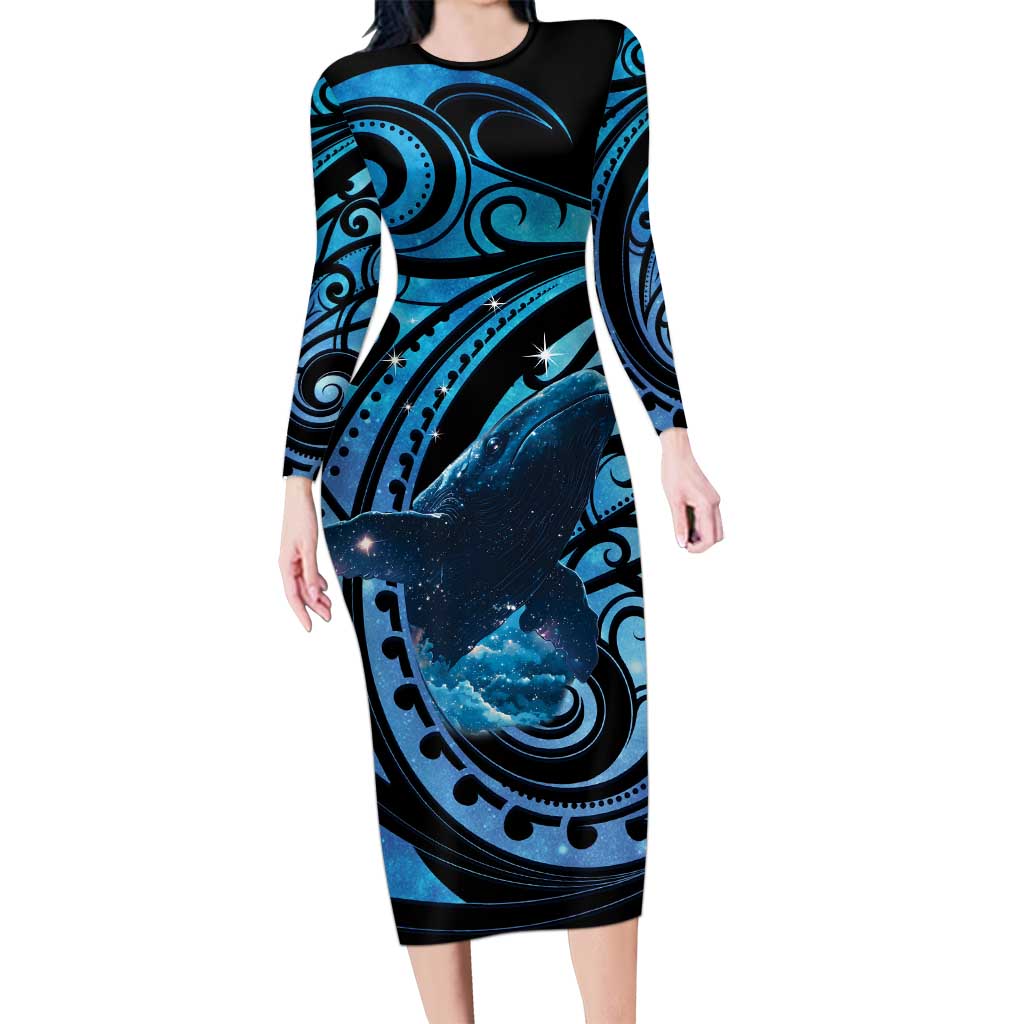 New Zealand Matariki Family Matching Long Sleeve Bodycon Dress and Hawaiian Shirt Maori Humpback Whale Galaxy LT22 Mom's Dress Blue - Polynesian Pride