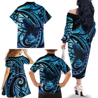 New Zealand Matariki Family Matching Off The Shoulder Long Sleeve Dress and Hawaiian Shirt Maori Humpback Whale Galaxy LT22 - Polynesian Pride