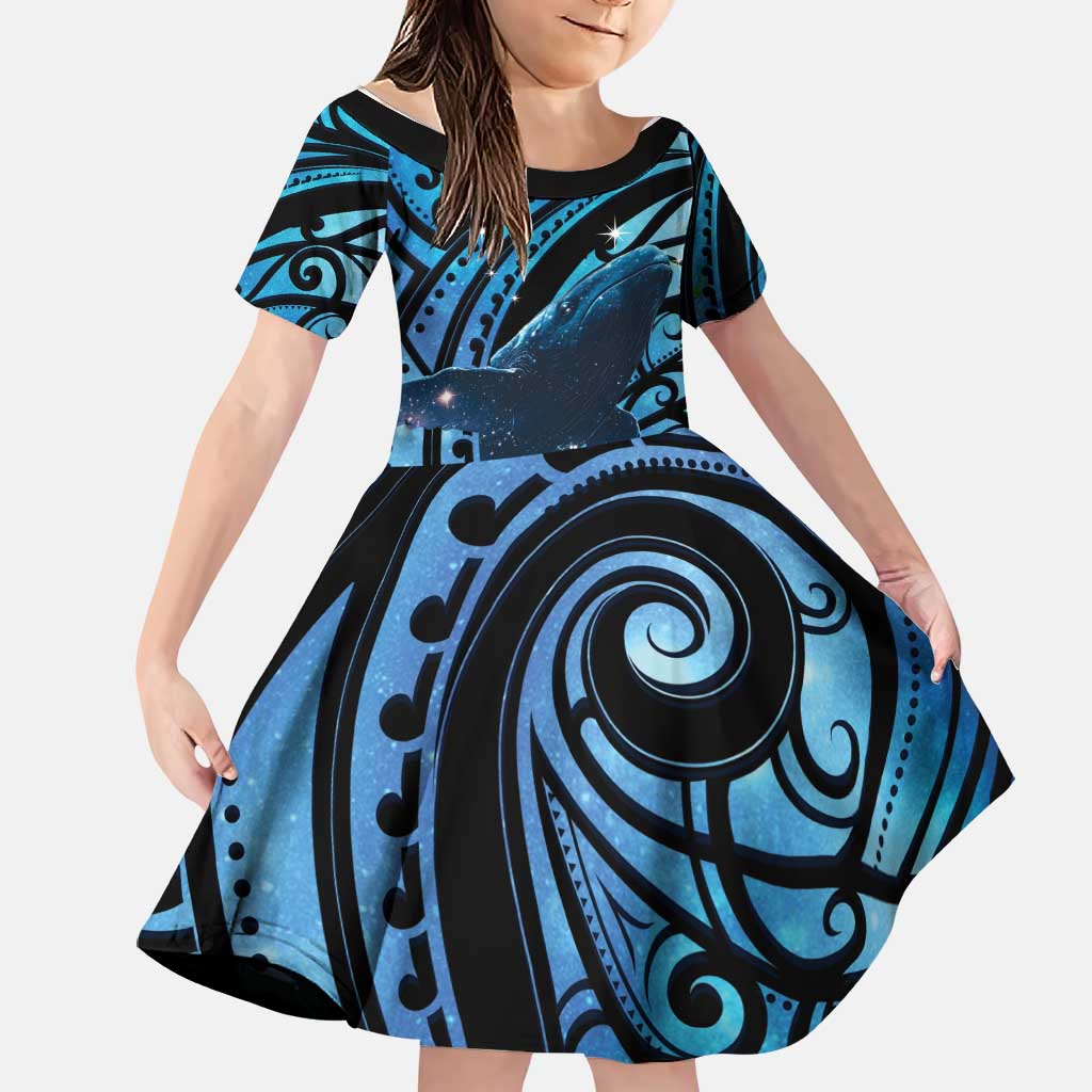 New Zealand Matariki Family Matching Off Shoulder Short Dress and Hawaiian Shirt Maori Humpback Whale Galaxy LT22 Daughter's Dress Blue - Polynesian Pride