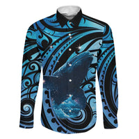 New Zealand Matariki Family Matching Puletasi and Hawaiian Shirt Maori Humpback Whale Galaxy LT22 Dad's Shirt - Long Sleeve Blue - Polynesian Pride