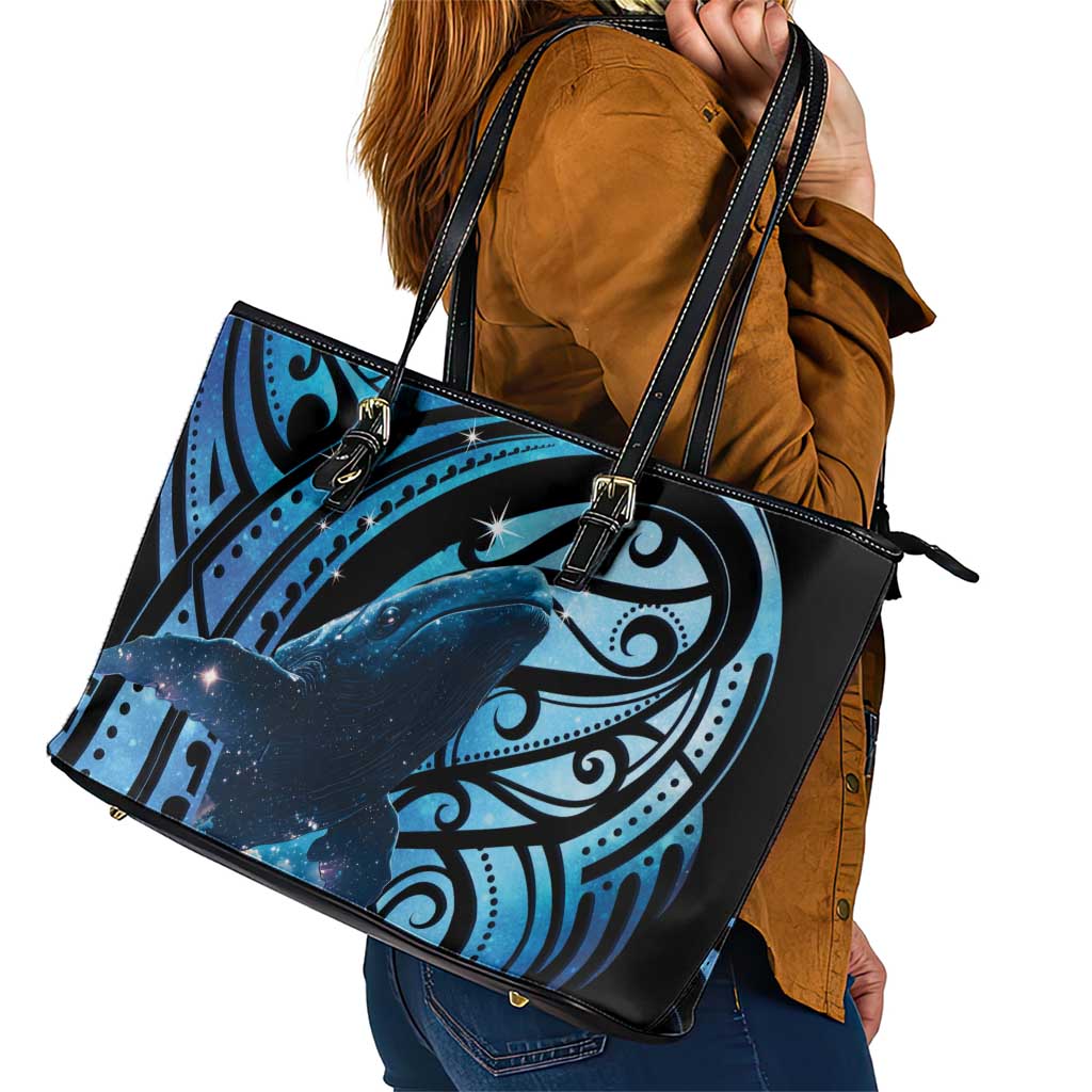 New Zealand Matariki Leather Tote Bag Maori Humpback Whale Galaxy