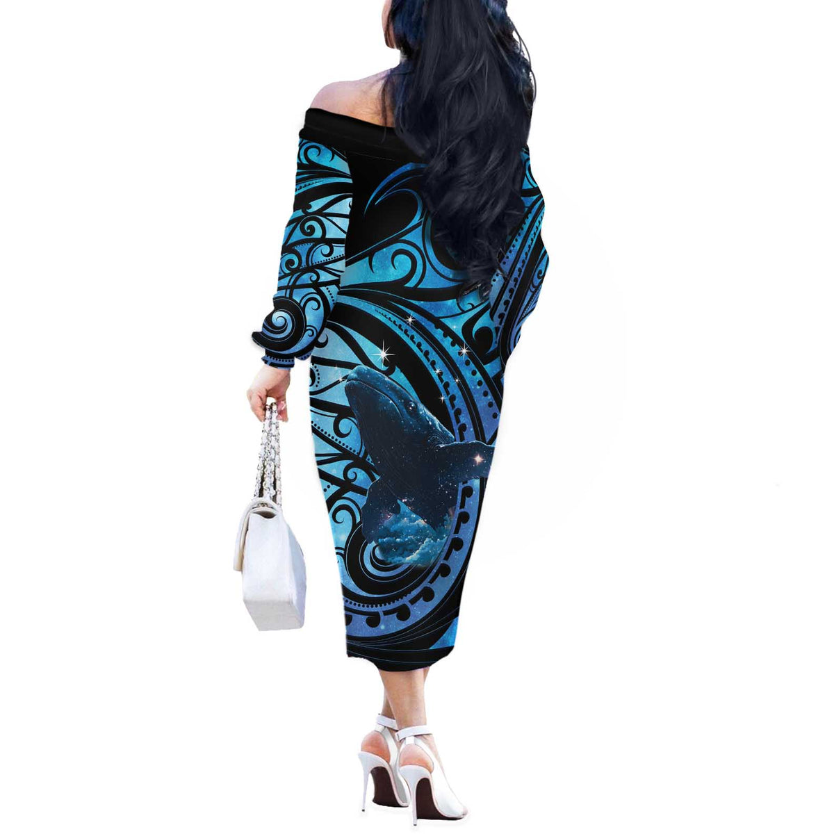 New Zealand Matariki Off The Shoulder Long Sleeve Dress Maori Humpback Whale Galaxy LT22 - Polynesian Pride