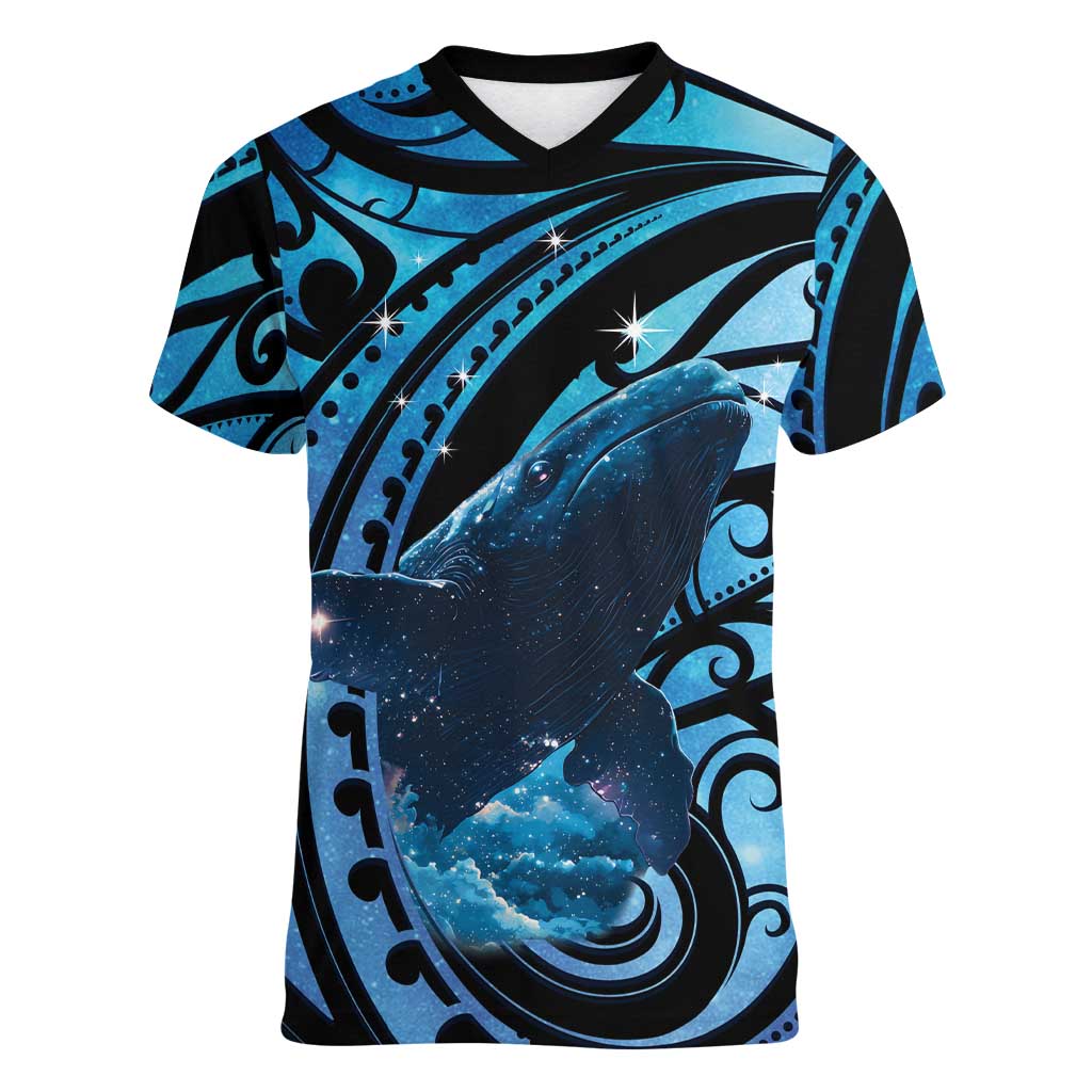 New Zealand Matariki Women V-Neck T-Shirt Maori Humpback Whale Galaxy LT22 Female Blue - Polynesian Pride
