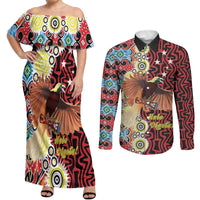 Personalised Papua New Guinea Pidgin Language Week Couples Matching Off Shoulder Maxi Dress and Long Sleeve Button Shirt Halo Olgeta Tok Pisin Wik Bird Of Paradise Oro Batik LT22 Red - Polynesian Pride