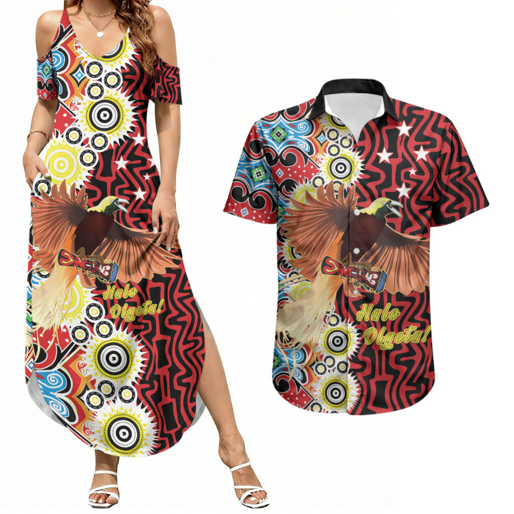 Personalised Papua New Guinea Pidgin Language Week Couples Matching Summer Maxi Dress and Hawaiian Shirt Halo Olgeta Tok Pisin Wik Bird Of Paradise Oro Batik LT22 Red - Polynesian Pride