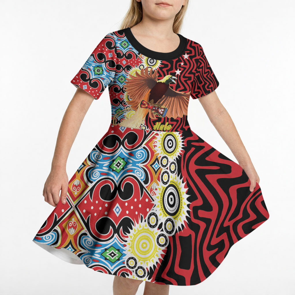 Personalised Papua New Guinea Pidgin Language Week Kid Short Sleeve Dress Halo Olgeta Tok Pisin Wik Bird Of Paradise Oro Batik LT22 - Polynesian Pride
