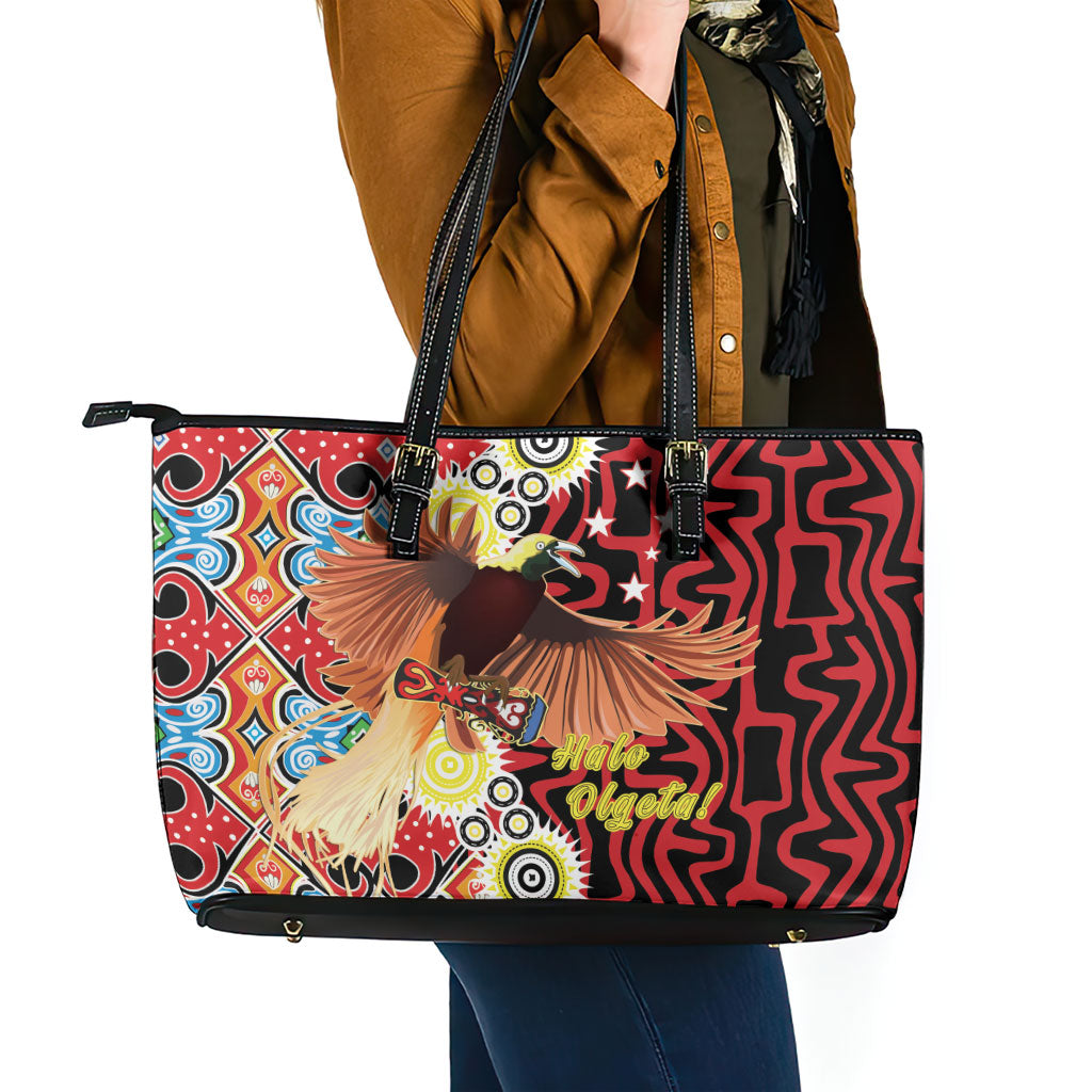 Papua New Guinea Pidgin Language Week Leather Tote Bag Halo Olgeta Tok Pisin Wik Bird Of Paradise Oro Batik LT22 - Polynesian Pride
