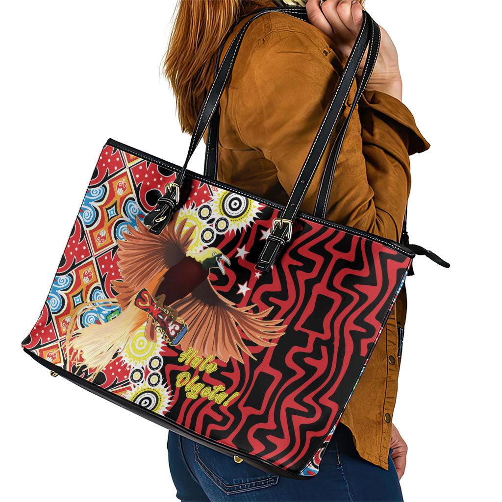 Papua New Guinea Pidgin Language Week Leather Tote Bag Halo Olgeta Tok Pisin Wik Bird Of Paradise Oro Batik LT22 - Polynesian Pride