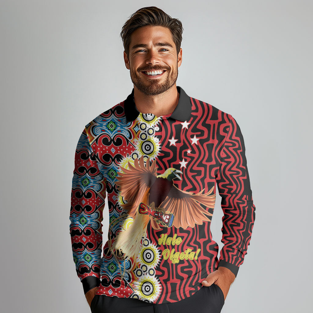 Personalised Papua New Guinea Pidgin Language Week Long Sleeve Polo Shirt Halo Olgeta Tok Pisin Wik Bird Of Paradise Oro Batik LT22 - Polynesian Pride