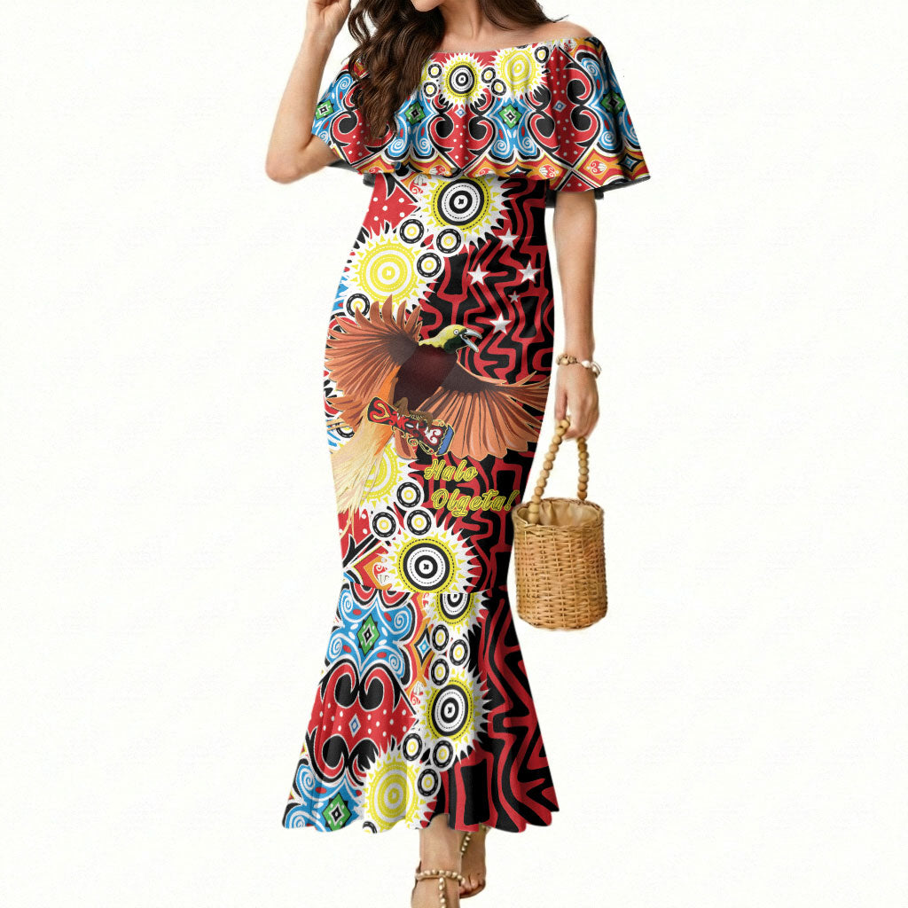 Personalised Papua New Guinea Pidgin Language Week Mermaid Dress Halo Olgeta Tok Pisin Wik Bird Of Paradise Oro Batik LT22 Women Red - Polynesian Pride