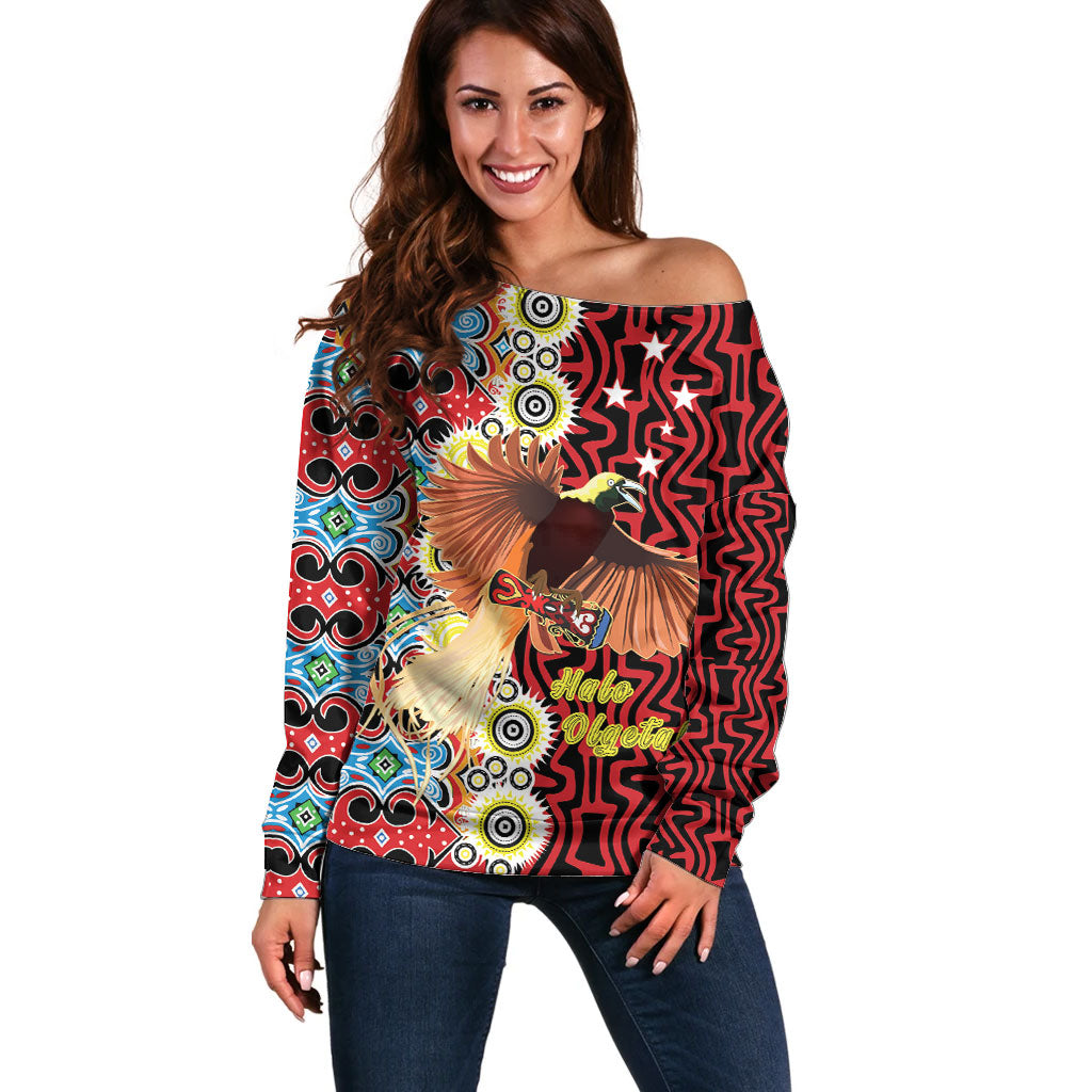 Personalised Papua New Guinea Pidgin Language Week Off Shoulder Sweater Halo Olgeta Tok Pisin Wik Bird Of Paradise Oro Batik LT22 Women Red - Polynesian Pride